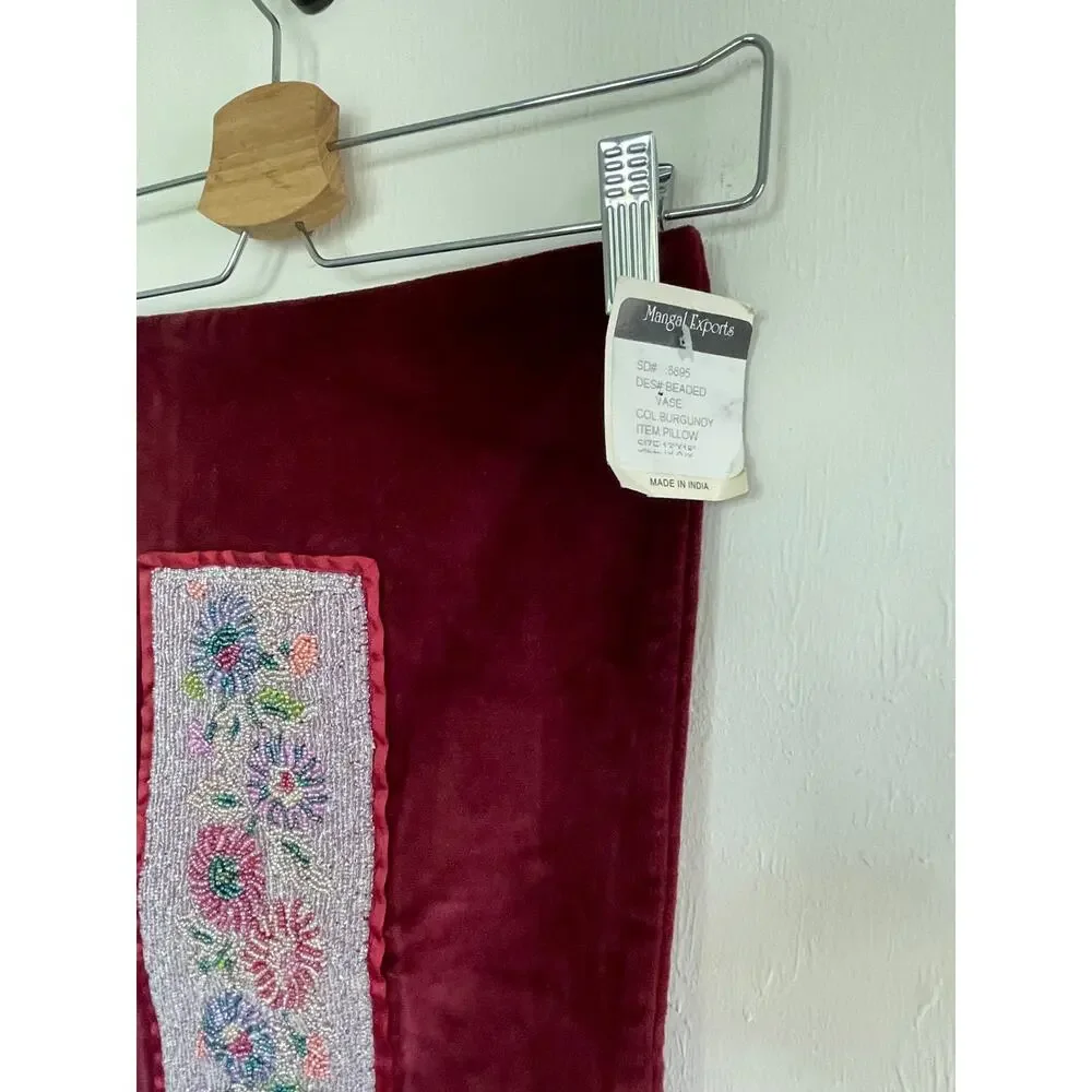 MANGAL EXPORTS vintage burgundy red velvet beaded Made in India pillow case sham